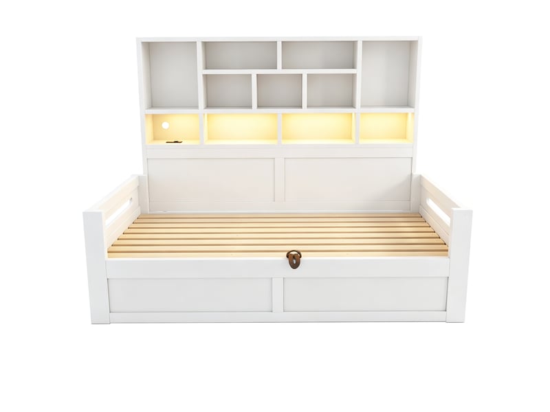 Lit coffre 90x200 cm - lit 1 personne avec rangement - tête de lit avec étagères - led et prises - blanc - Conforama W
