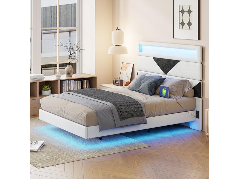  Lit 160x200cm - lit double 160x200 - avec tête de lit modulable géométrique en velours, led rvb, usb et ue - beige  - Conforama C