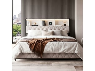 Dreammespace lit coffre rangement 160x200 cm - lit double avec 4 tiroirs & tête de lit étagère led prise usb, velours beige