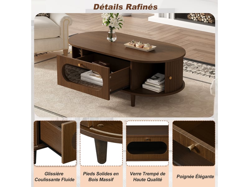 Table basse noyer 100x50 cm avec tiroir et portes coulissantes, design minimaliste pour salon - Conforama E