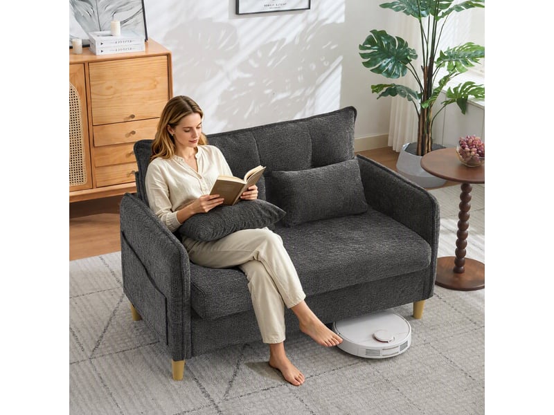  Canapé 2 places en tissu chenille gris foncé avec rangement latéral et accoudoirs rembourrés  - Conforama B