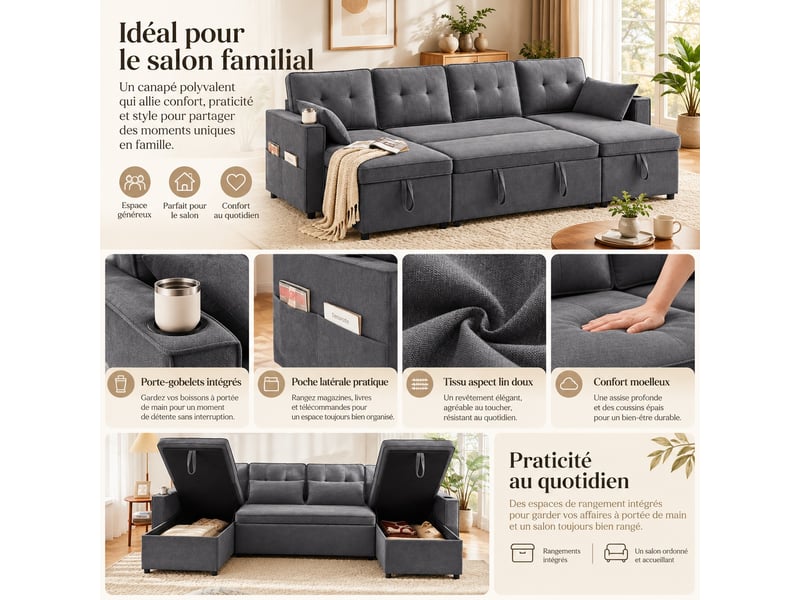  Canapé panoramique convertible 4 places avec coffres, porte-gobelets et poches latérales, tissu gris, 270 × 130 cm  - Conforama E