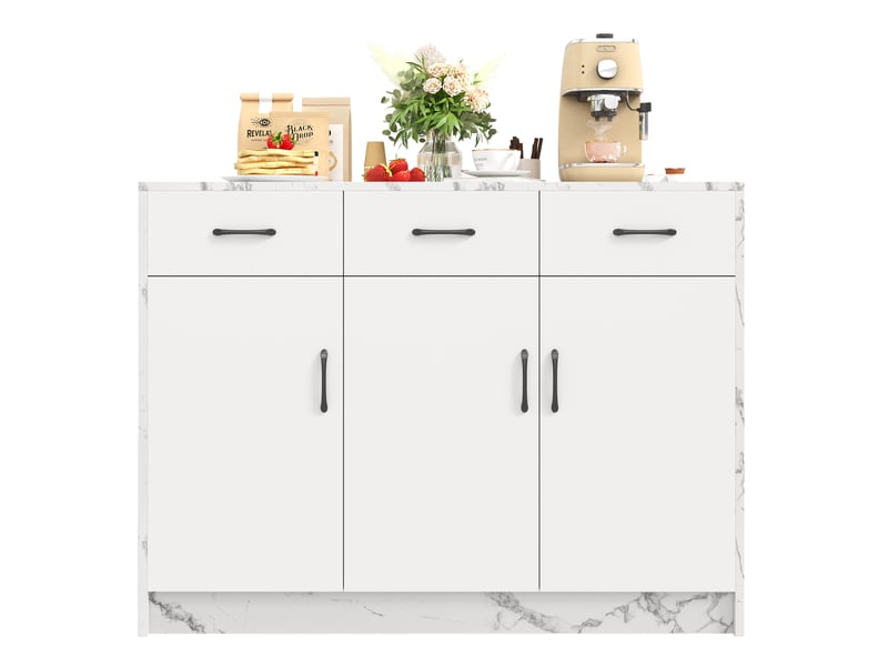 Îlot de cuisine fixe 120 x 60 x 90,5 cm, 3 tiroirs, 3 portes, blanc effet marbre - Conforama A