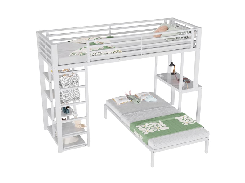 Lit mezzanine 90×200 cm avec bureau, étagères, usb et type-c, métal et mdf blanc sans matelas  - Conforama A