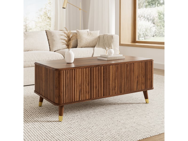Table basse rétro moderne, plateau réglable en hauteur, structure ondulée, aspect noyer, pieds en bois, grand espace de rangement, table de salon multifonctionnelle - Conforama B
