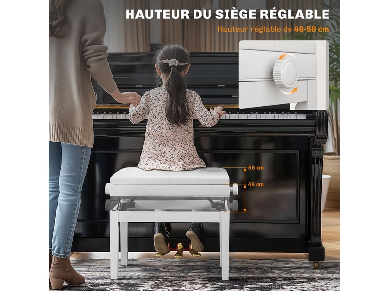  Banc de piano, banc de clavier réglable en hauteur en bois massif, compartiment de rangement, 55 x 33 x 48-58 cm blanc  - Conforama D