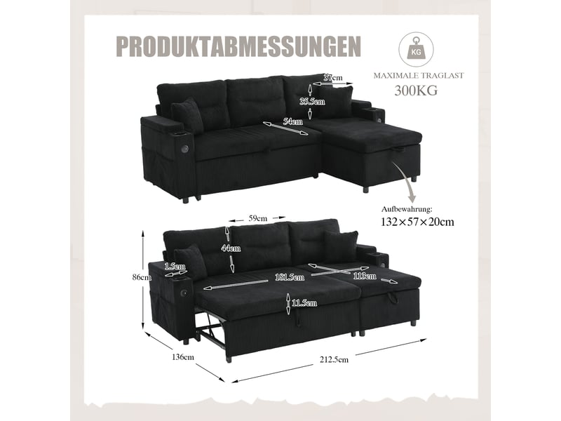  Canapé d'angle convertible 3 places,212.5x136x86cm,tiroir,porte-gobelets,usb-c,canapé-lit en velours côtelé avec méridienne rangement,noir  - Conforama C