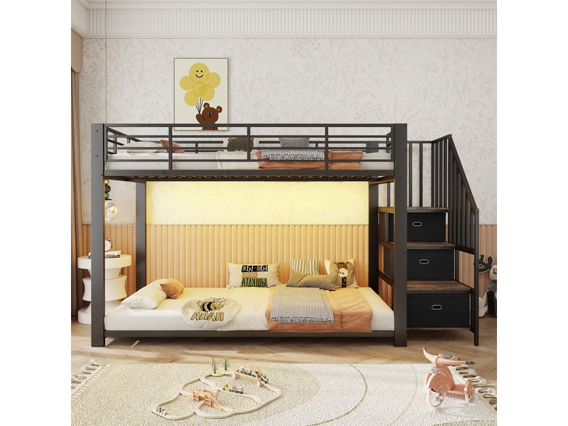  Lit superposé noir mdf et métal 90x200 cm avec bandeau led et station de charge usb  - Conforama B