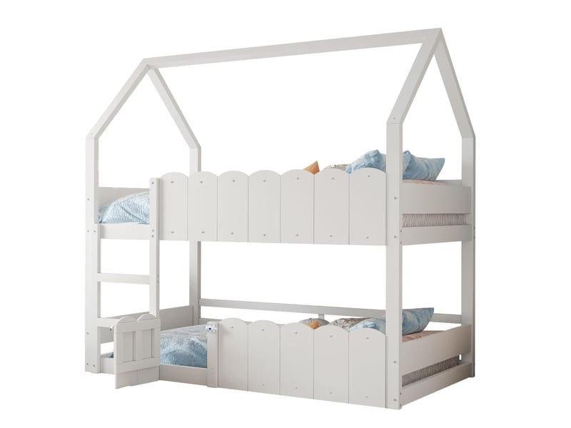  Lit superposé 90 x 200 cm design maison garde-corps de sécurité surélevés couleur blanche adapté aux garçons et aux filles  - Conforama D