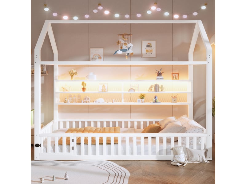 Lit cabane enfant 90x200 cm avec barrière, lit enfant en métal blanc, sans matelas  - Conforama B