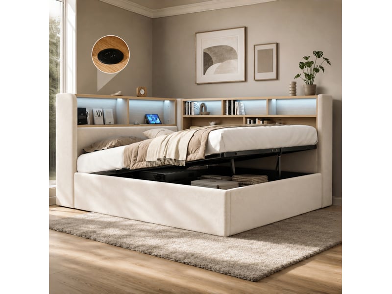  Lit banquette 140 × 200 cm 2 places avec coffre, led, usb et type-c, sans matelas, en velours beige  - Conforama C