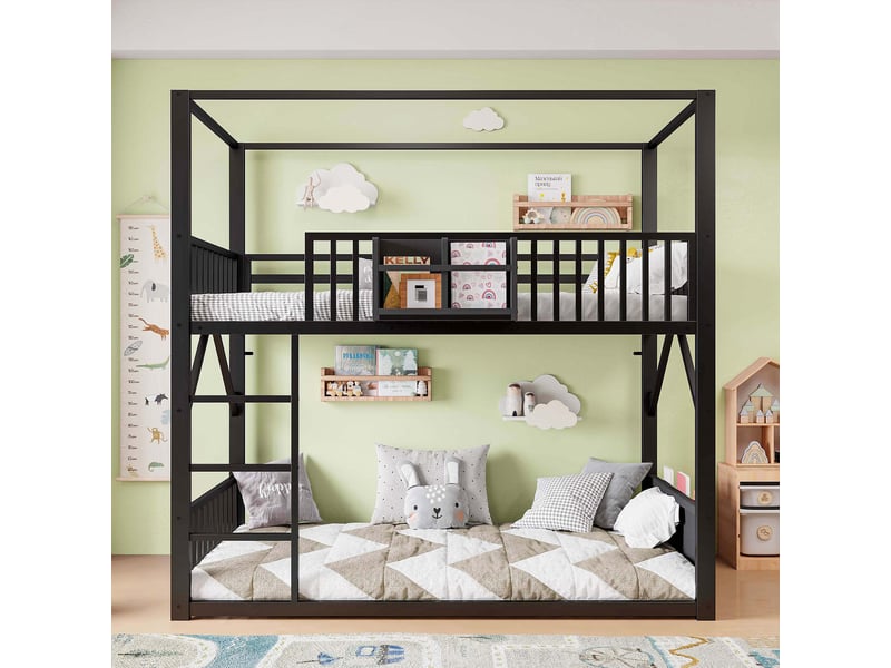 Lit superposé enfant 90 x 200 cm, cadre toit, barrières, étagère et poche latérale, gain de place pour enfants et ados, métal, noir OMNIGLINT TRADING LTD - Conforama E