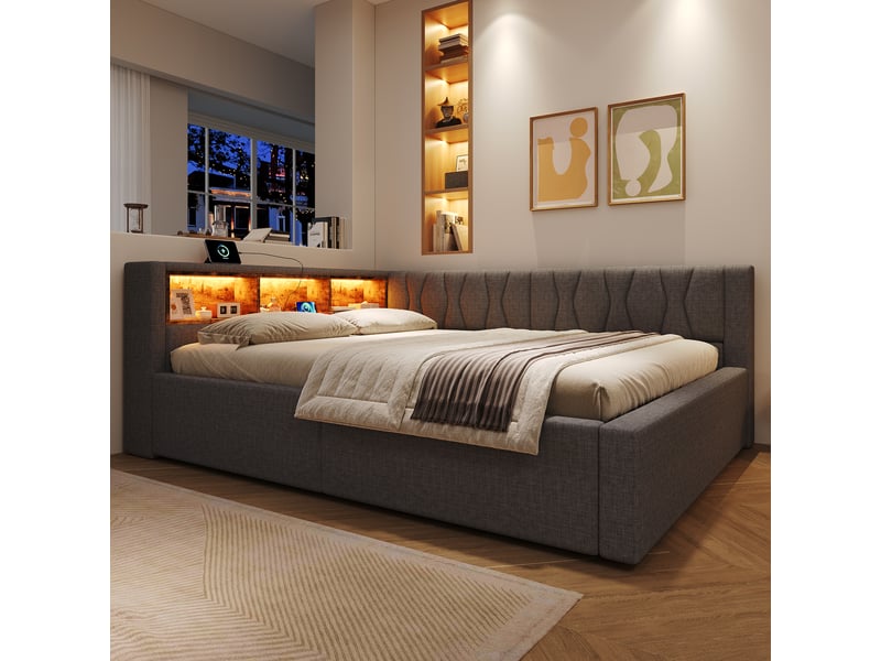  Lit banquette 140x200cm, gris, sans matelas, relevage hydraulique, pour chambre moderne et pratique  - Conforama C
