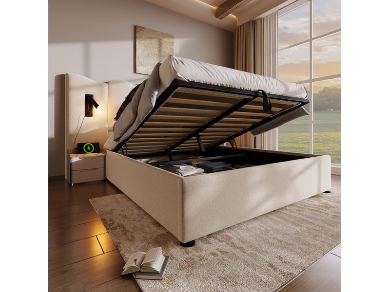 Lit coffre 160 × 200 cm 2 places avec lampe de lecture, usb et type-c, matelas inclus, en lin, beige - Conforama C