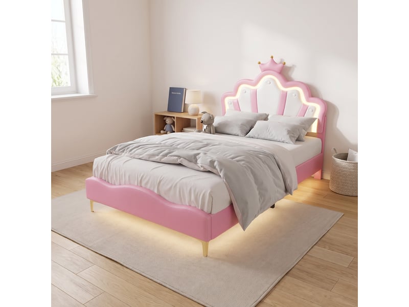  Lit simple 140x190 cm, lit capitonné enfant avec rgb led et tête de lit couronne réglable, lit capitonné avec sommier, rose  - Conforama D