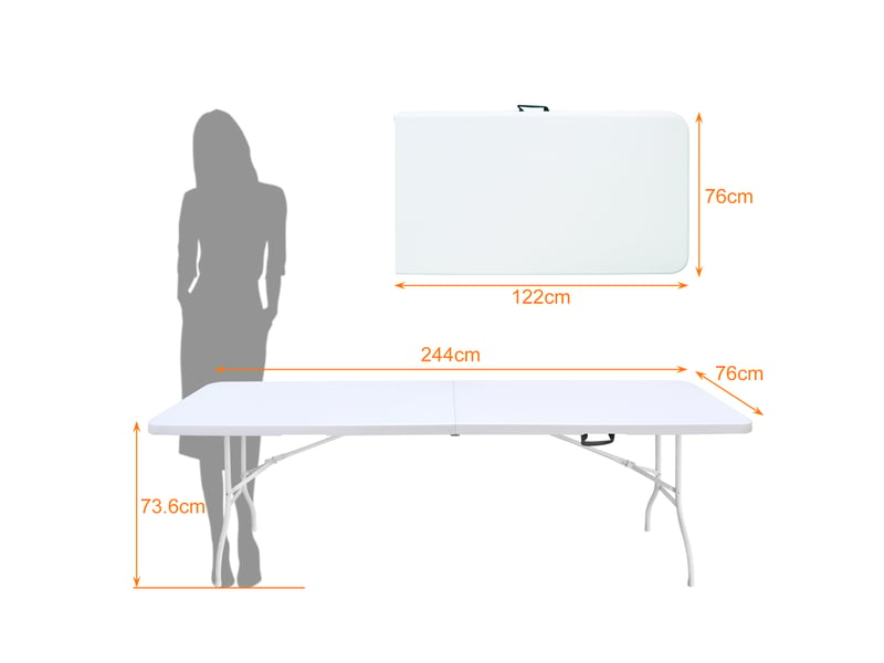 Table de jardin pliante 244 x 76 x 73,6 cm blanche, plastique haute densité et acier, avec poignée - Conforama C