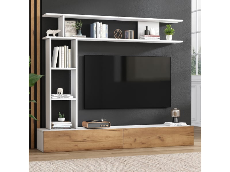 Meuble tv muraux 180 cm avec vitrines, une étagère sur pied et une étagère murale, blanc et bois - Conforama C