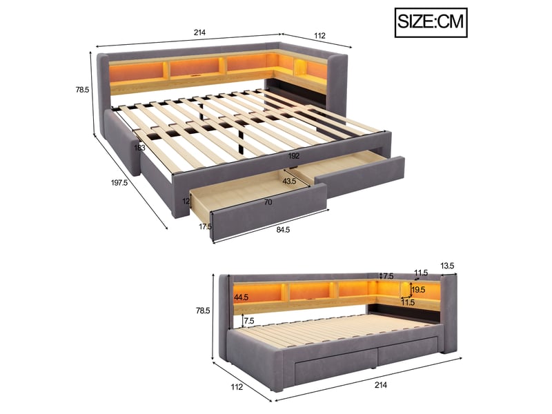  Lit gigogne 90x200 cm avec lit tiroir extensible 180x200 cm, rangement, led et prise, lit banquette multifonction en velours - gris foncé  - Conforama C
