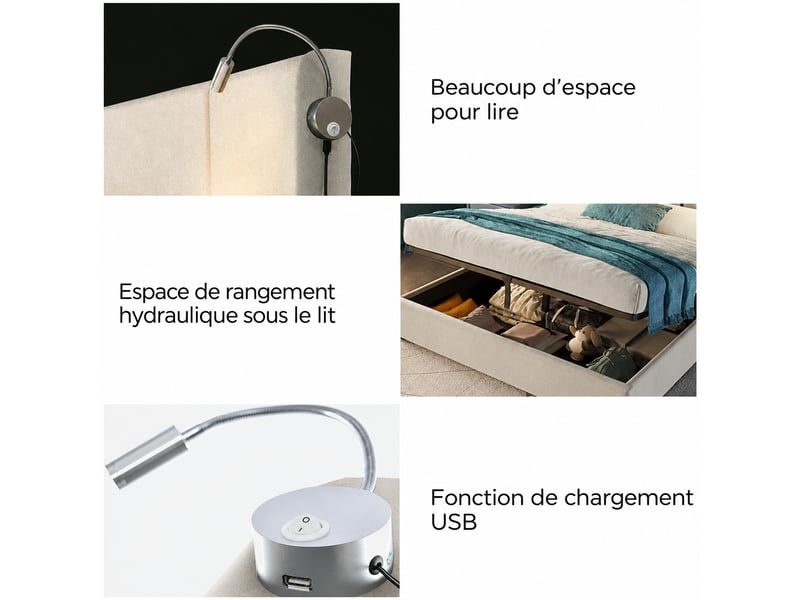  Lit coffre rembourré en lin avec lampe de lecture et usb, beige, 140 x 200 cm  - Conforama D