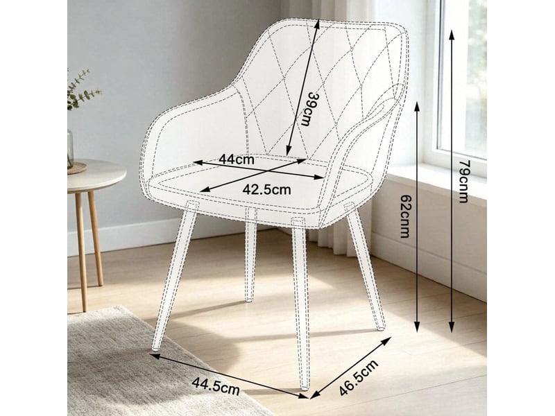  Chaise de salle à manger avec accoudoirs et assise rembourrée, dossier matelassé et pieds en métal, velours bleu canard  - Conforama C