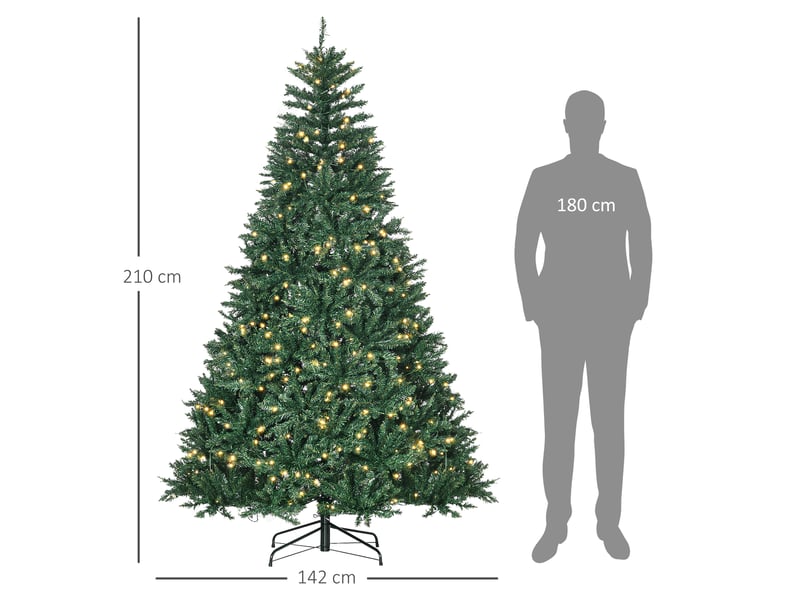  Sapin de noël artificiel de 210 cm avec 700 led blanc chaud, 2154 branches, socle pliable en métal vert  - Conforama C