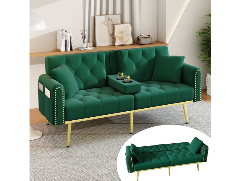  Canapé-lit 2 places 175x80x73,5 cm, 3 positions, porte-gobelet, poche latérale, velours, pieds dorés, vert  - Conforama E