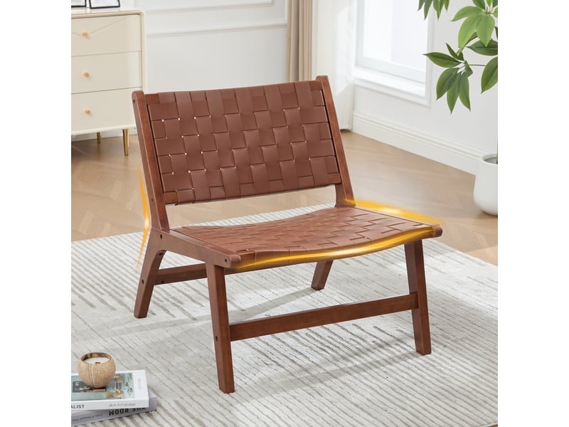 Fauteuil tressé sans accoudoirs avec assise basse et structure en bois, revêtement pu marron, 71 × 66 × 72 cm - Conforama C