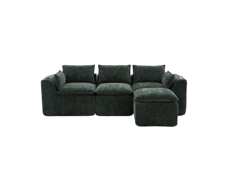  Canapé 3 places modulable vert foncé en chenille avec pouf et porte-gobelet - 256x161x75cm  - Conforama A