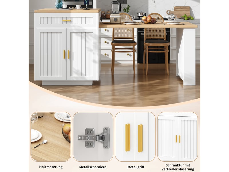  Îlot de cuisine extensible avec prise et rangement - lpospi - portes rainurées mdf métal blanc 121,5–192 × 70 × 92 cm  - Conforama E