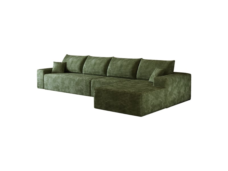  Canapé d'angle modulable 4 places en velours côtelé vert, 340 x 175 x 83 cm, méridienne droite, sans montage, livré compressé, assise profonde CARDUME ESTIVAL - Conforama A