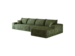 Canapé d'angle modulable 4 places en velours côtelé vert, 340 x 175 x 83 cm, méridienne droite, sans montage, livré compressé, assise profonde