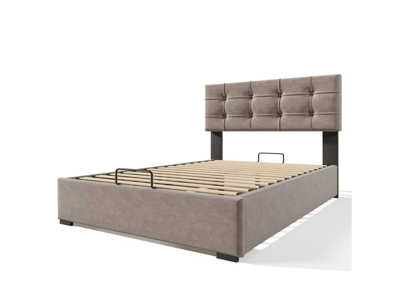  Lit coffre simple 90x200 cm avec tête réglable, velours, gris clair, matelas inclus  - Conforama R
