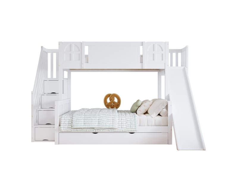  Lit superposé enfant 90x200 et 120x200 cm blanc avec toboggan et rangement  - Conforama A