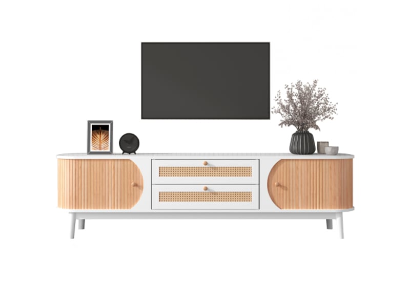  Meuble tv en bois naturel avec portes et tiroirs. Meuble tv avec côtés en rotin. Solution de rangement, style champêtre naturel.  - Conforama A