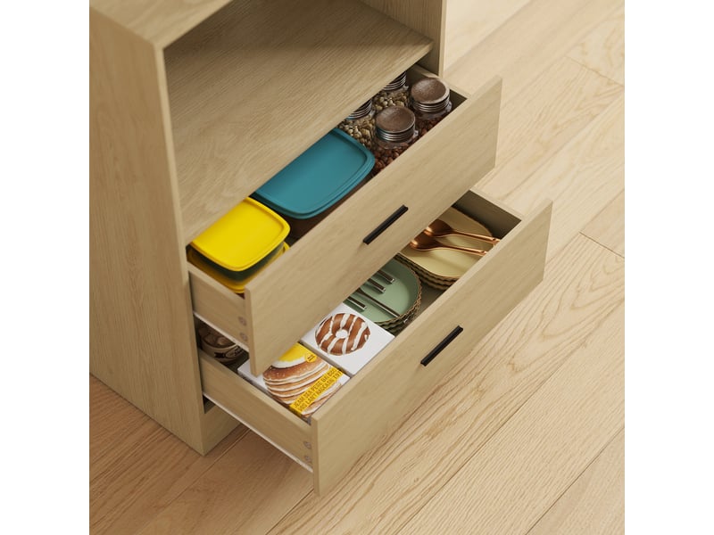 Meuble micro-ondes 2 tiroirs 2 portes 2 niches panneau perforé étagère naturel noir  - Conforama D