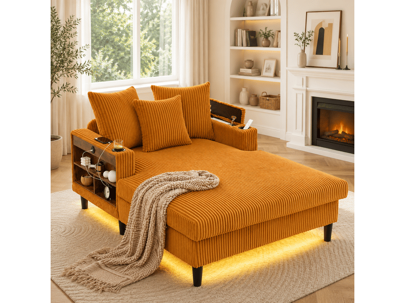  Canapé convertible en velours côtelé moutarde avec led, coffre intégré et port usb pratique  - Conforama B