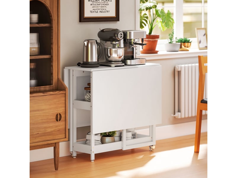  Table à manger pliante sur roulettes 4 personnes avec compartiments ouverts, pour petits espaces, blanc, salle à manger  - Conforama W