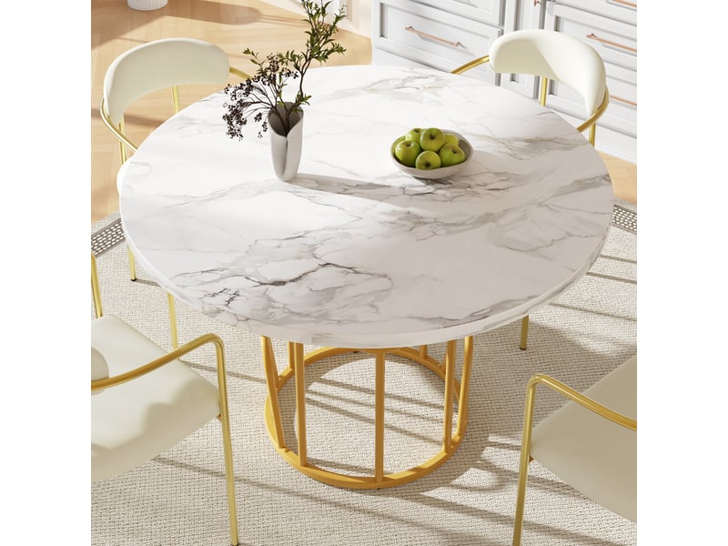  Table à manger d80xh76cm, table ronde, plateau en mdf avec motif de marbre, pied en métal, style design, blanc+doré  - Conforama B