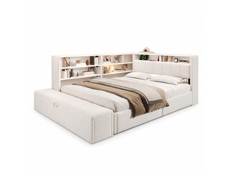 Lit banquette 140 x 200 cm, coffre hydraulique, prise électrique, rangement latéral réversible, port usb, bande led, velours, blanc Bliss Lite - Conforama A
