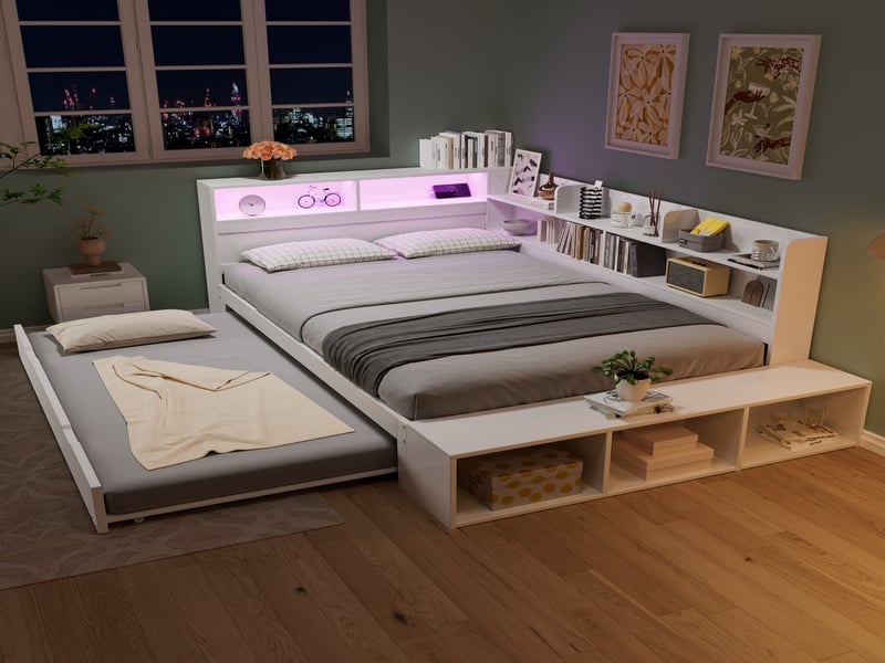  Lit en bois 120x200 cm, lit fonctionnel, lit gigogne 90x190 cm, rangement semi-périphérique, led, usb, banquette, blanc  - Conforama B