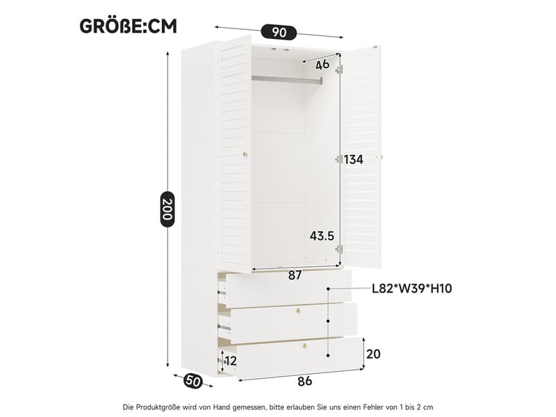  Armoire à 2 portes moderne avec élégantes portes à persiennes, penderie, et de 3 tiroirs, 90 x 50 x 200 cm, blanc  - Conforama C