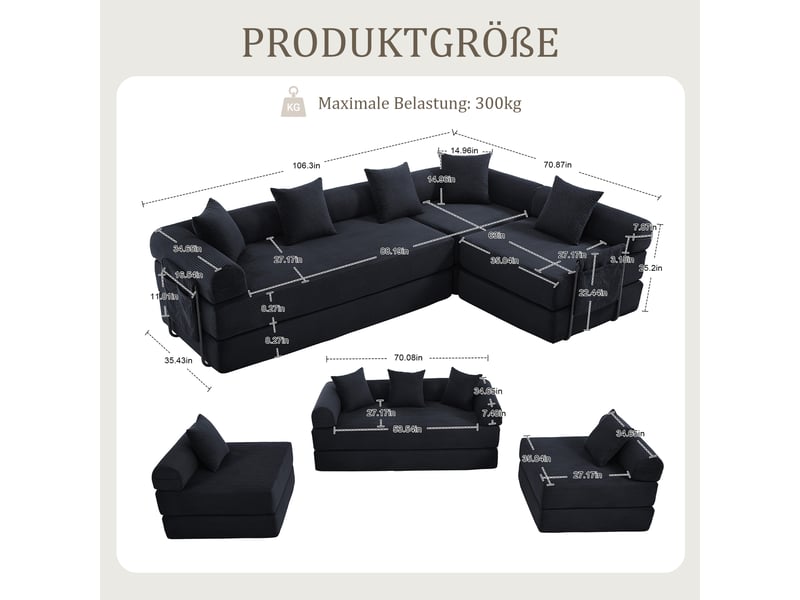 Canapé d'angle droit convertible 4 places tissu noir canapé d'angle noir - Conforama D