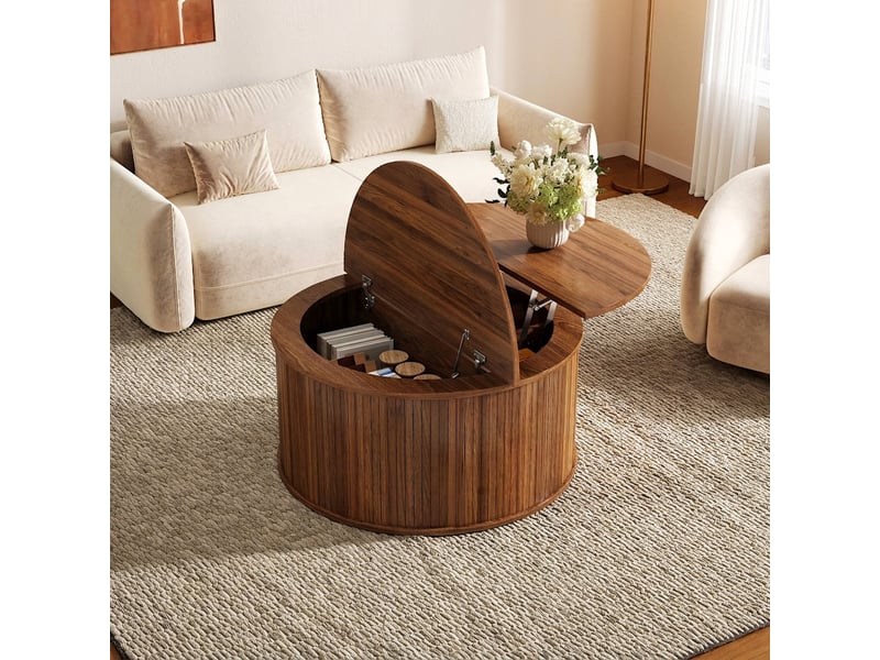  Table basse ronde avec plateau relevable et rangement mdf noyer 88cm  - Conforama E