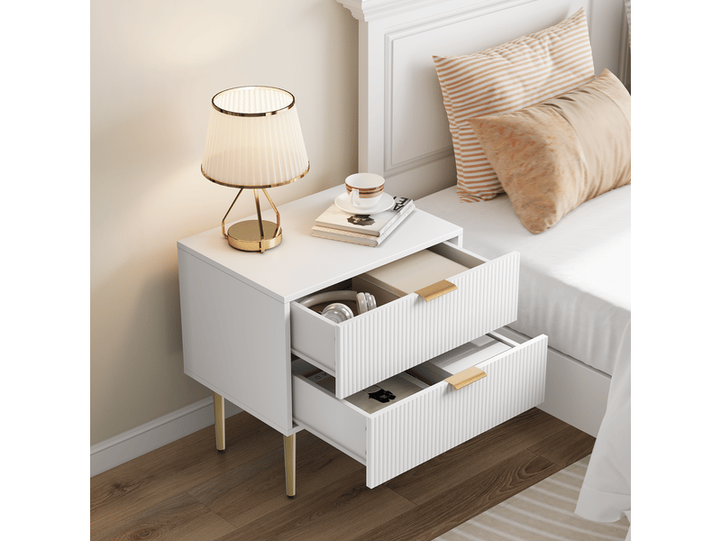  Table de chevet moderne, blanc, motif ondulé, 2 tiroirs, pieds en métal, rangement, 1 pièce  - Conforama D