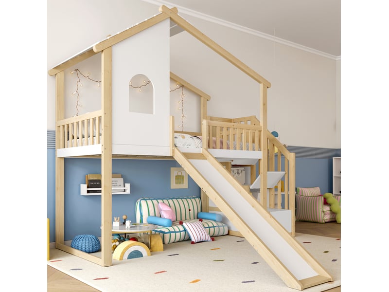  Lit mezzanine enfant 90x200 cm avec toboggan et rangement naturel et blanc  - Conforama D