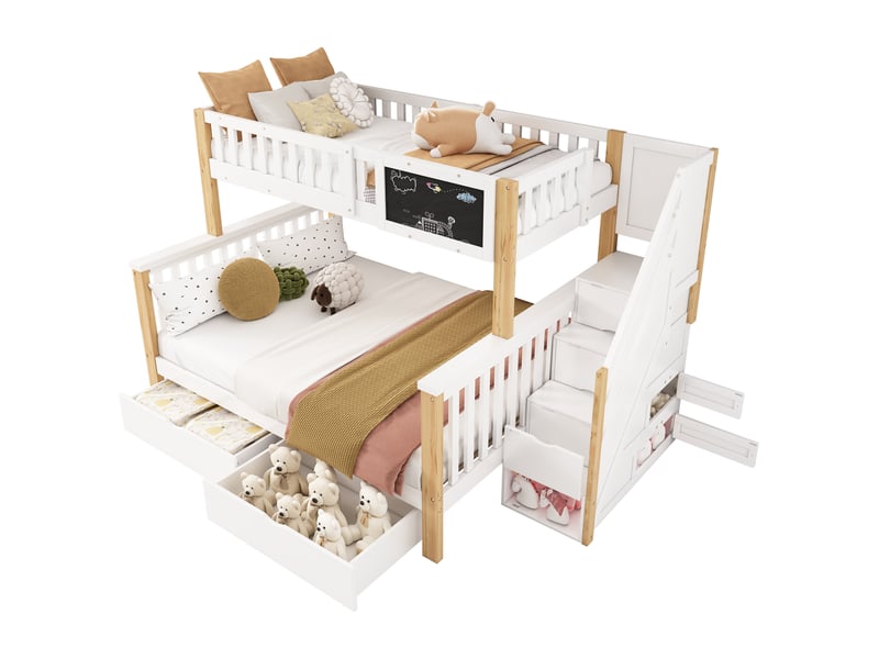  Lit superposé 3 places 90 × 200 cm et 140 × 200 cm avec 2 tiroirs, escalier rangement, sans matelas, blanc chêne clair  - Conforama A