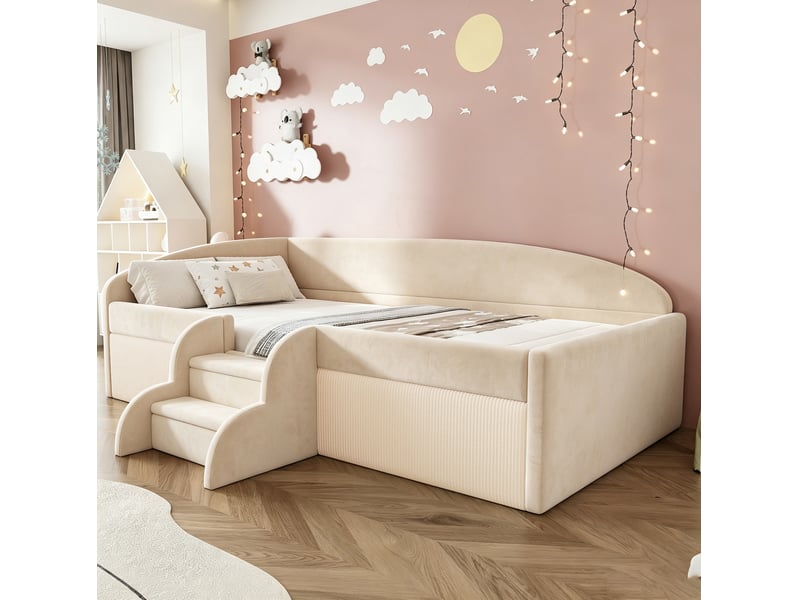  Lit pour enfant, 90x190 cm, avec sommier à lattes, barrières de sécurité, matelas non inclus, velours, coloris beige  - Conforama D