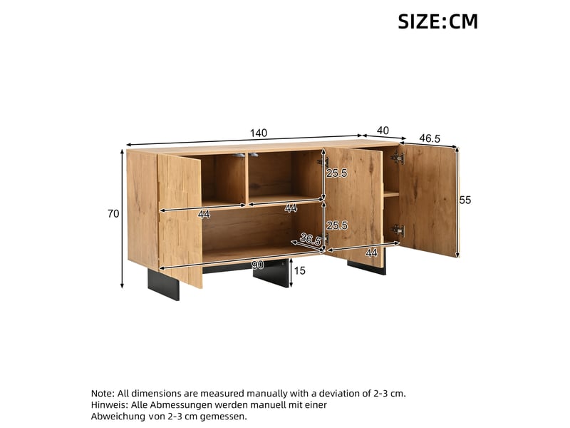  Buffet ulevr 3 portes avec 5 compartiments de rangement, 140 x 40 x 70 cm, ouverture push-to-open, mdf et panneaux de particules, bois naturel  - Conforama C