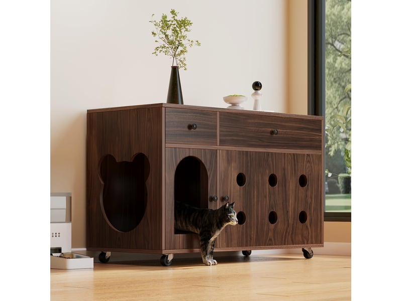 Meuble buffet 100x45x66 cm avec espace de rangement, 2 tiroirs, 2 portes, MDF, couleur noyer  - Conforama D