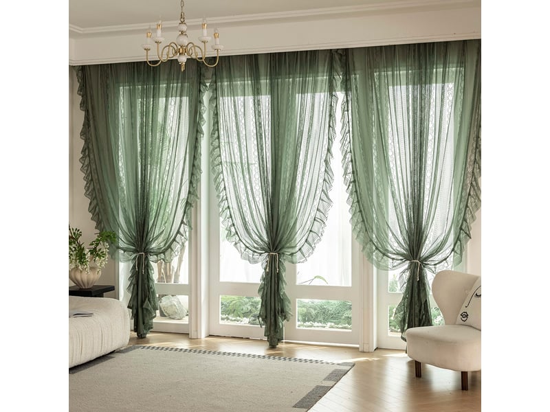  Rideau voilage bohème en dentelle 150 × 175 cm, ourlet volanté, finition à volants, poche passe-tringle, rideau décoratif pour chambre et cuisine  - Conforama D